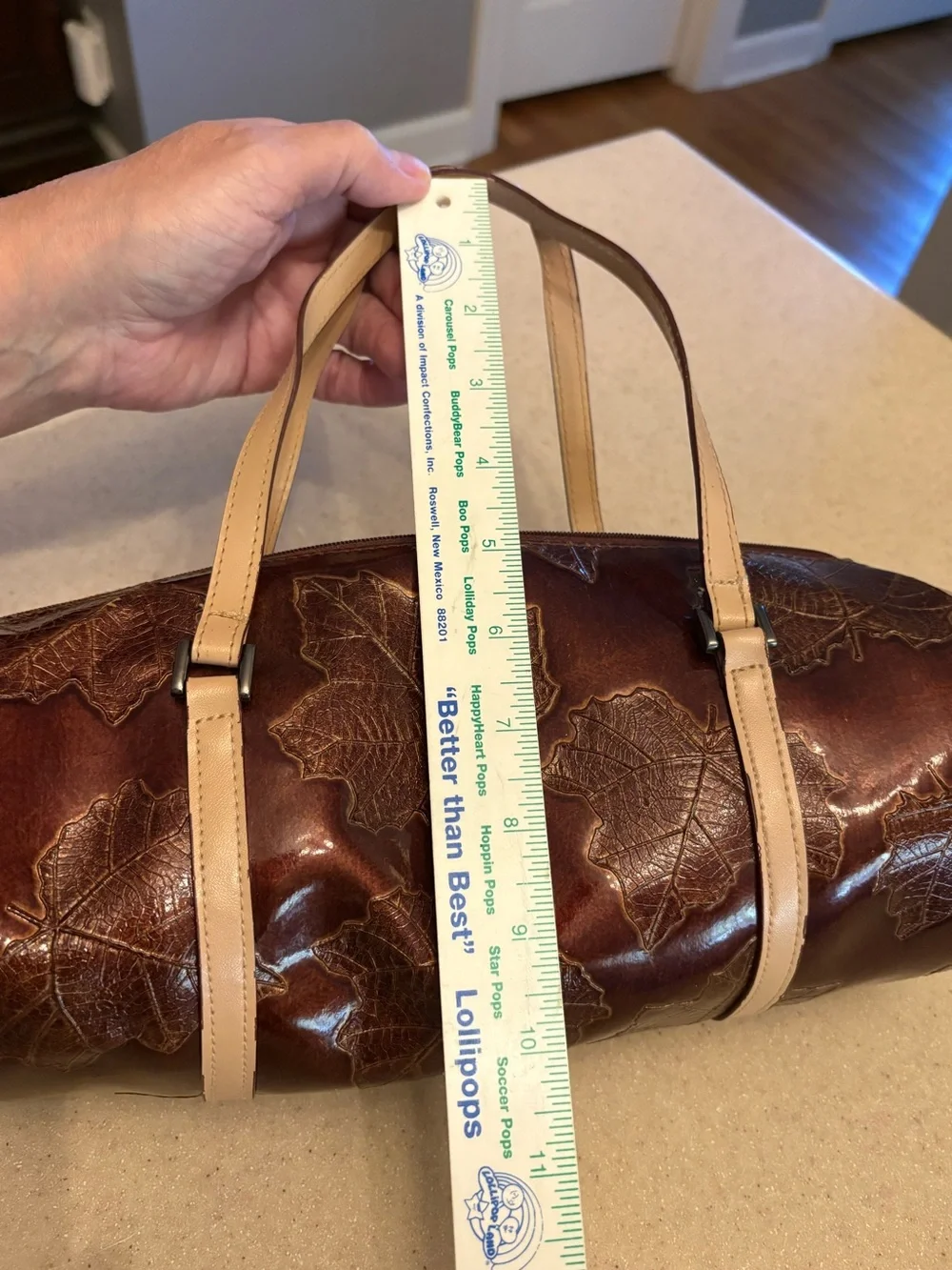 🍁Fall, Brown Leaf-Embossed Barrel Bag with Cream Straps